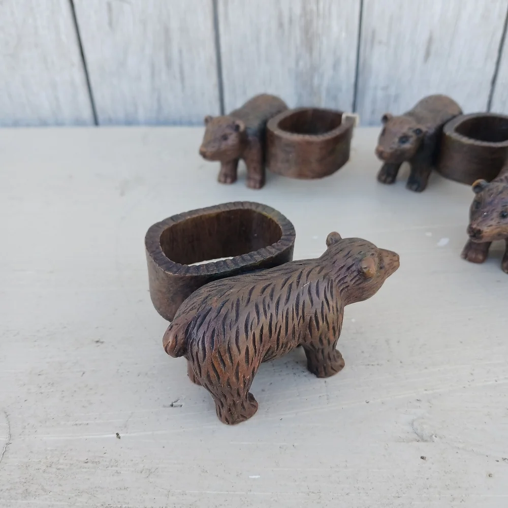 Set of 4 Folk Art Brown Bear Ceramic Faux Wooden Napkin Rings Rustic Cabin‎